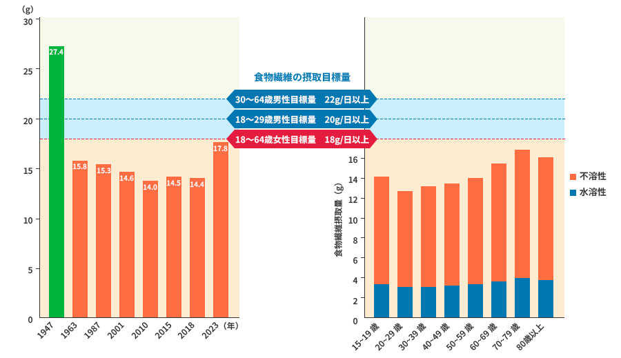 戦後日本人の食物繊維摂取量の推移 日本人の年齢階級別食物繊維摂取量(1人1日あたり平均値)